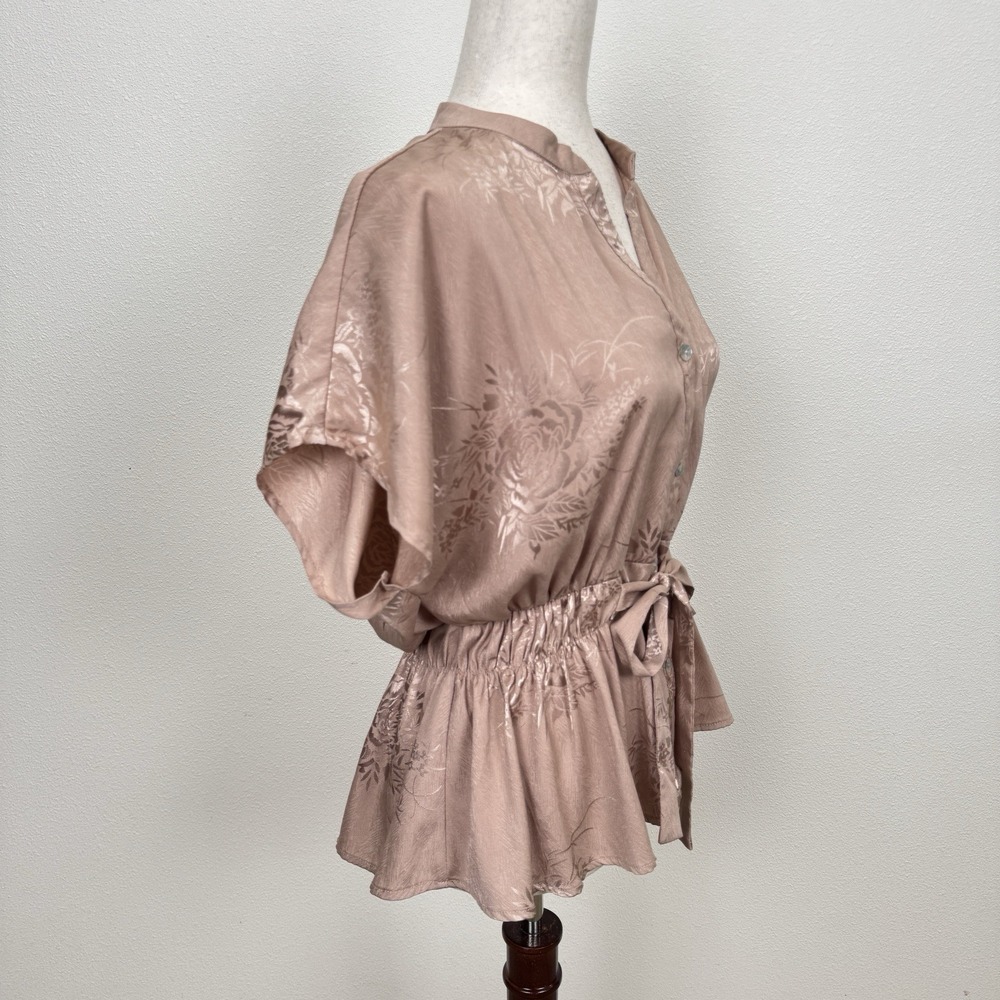 Unbranded Asian Print Floral Satin Top Womens Medium Beige Fairy Whimsy Feminine - Picture 6 of 16